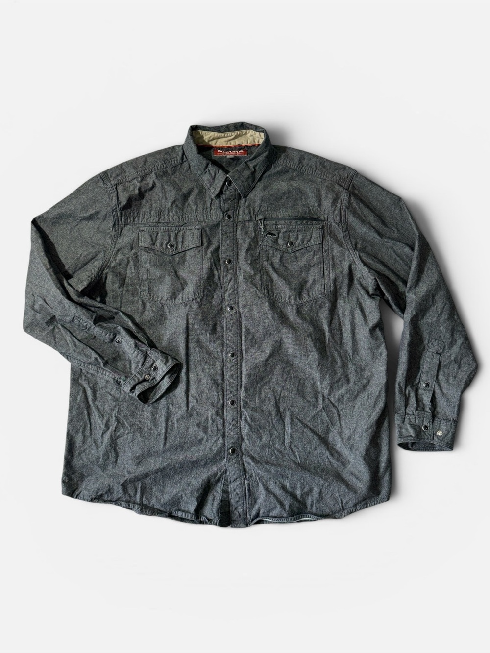 Simms mens 2XL XXL charcoal grey cotton pearl snap outdoor fishing shirt EUC